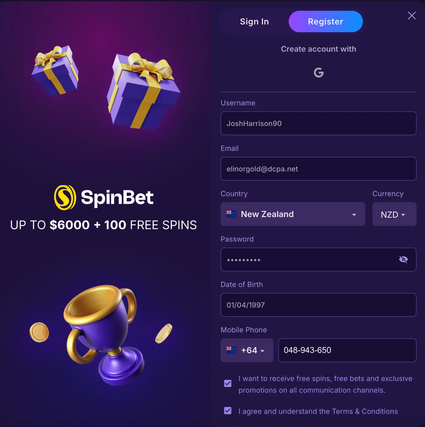 SpinBet Casino Sign Up
