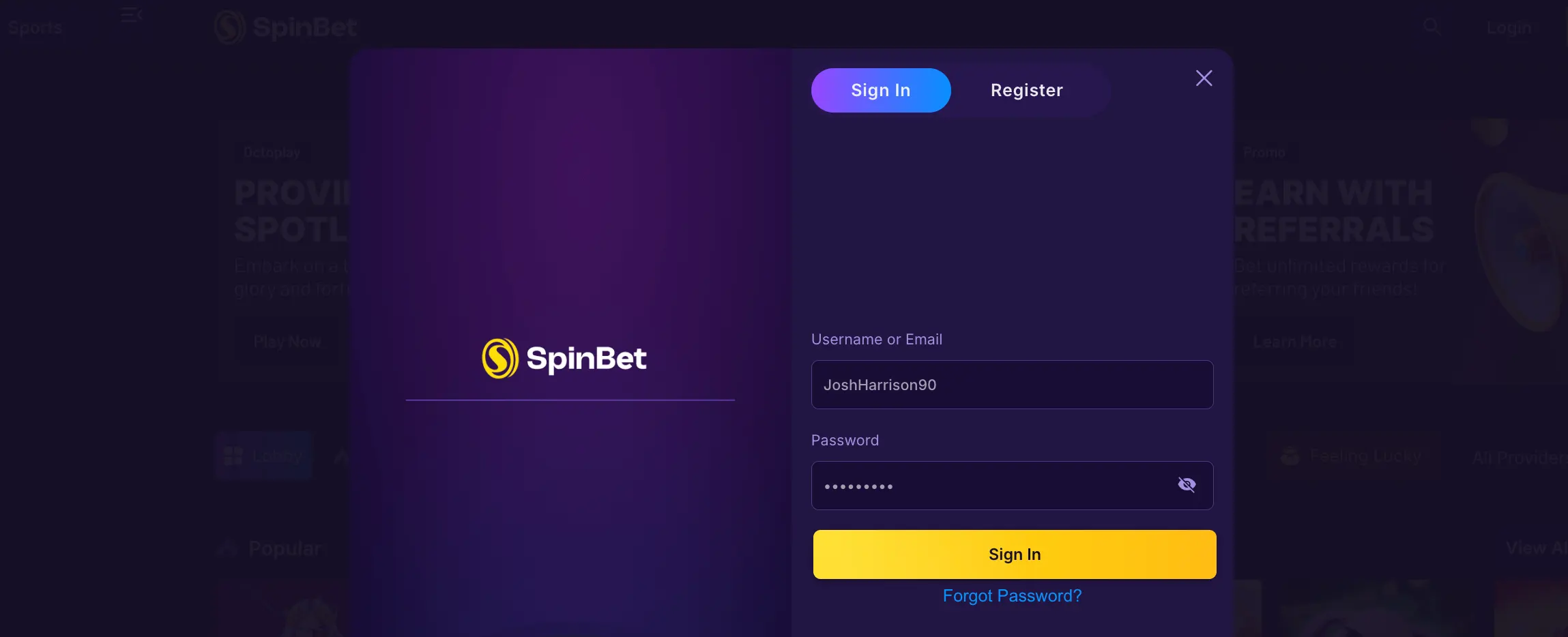 spinbet login